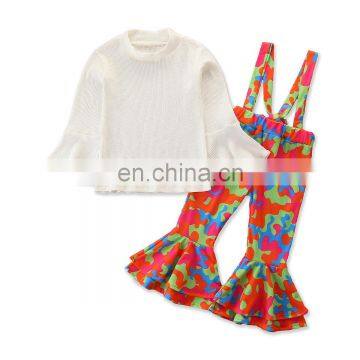 Autumn Winter Baby Girls 2pcs Outfit Ribboned Bamboo tops  + Tie-Dye Bell Pants bottom 2 pcs suspender set