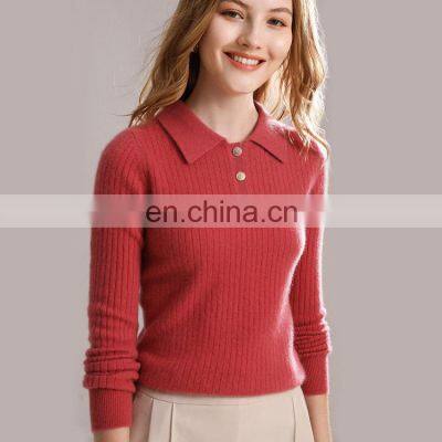 Women Casual Polo Neck Cable Knit Cashmere Sweater With Button photo-2