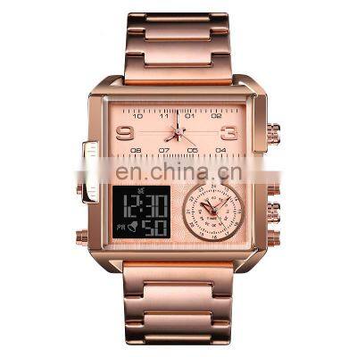 Skmei large dial 3 time wristwatch leather square women men watches with chronograph timer 1584