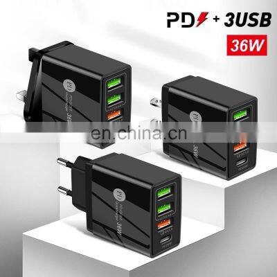 EU/UK/US Plug QC 3.0/PD 36W Quick Charging Wall Charger 4 Port PD Type C Home /Travel Adapter For Smartphone