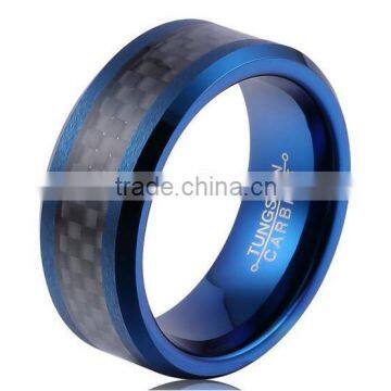 Men's Tungsten Carbide Rings Wedding Band Blue Plated Black Carbon Fiber Inlay and Beveled Edges