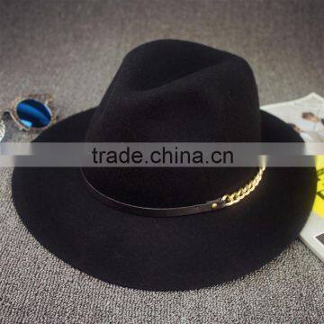 Link Chain Ribbon Decorated Wide Brim Jaz Vintage Wool Felt Man Fedora Hat Quality Choice
