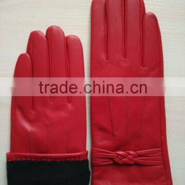 Ladies Red Winter Thin Leather Hand Gloves Winter With Knot photo-2