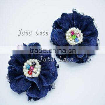 2 pcs denim lace flower- pearl lace flower- pearl and rhinestone denim lace flower