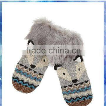 women knitted Fox mittens with fur trim