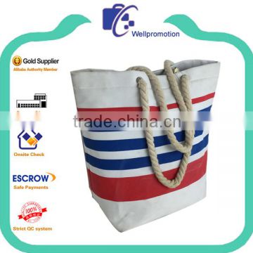 Promotional rope handles stripe polyester beach tote bag wholesale                        
                                                Quality Choice