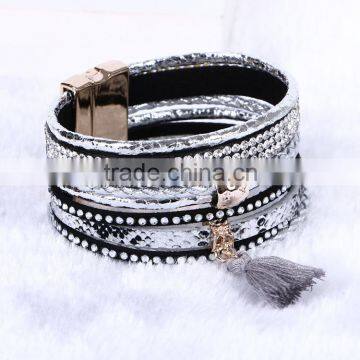 Bohemian Multilayer Leather Rhinestone Crystal Tassel Magnetic Bracelet Bangle