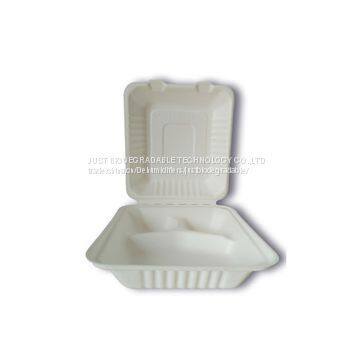 JUST Disposable Paper Pulp Bagasse Food Container 3Compartment Clamshell H8