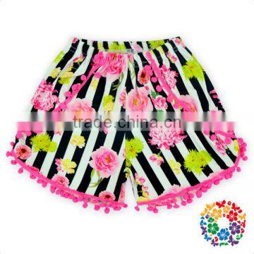 2016 New Arrival Cute Black White strip Flowers Fabric with hot pink Pom Pom Pom Shorts For Girls