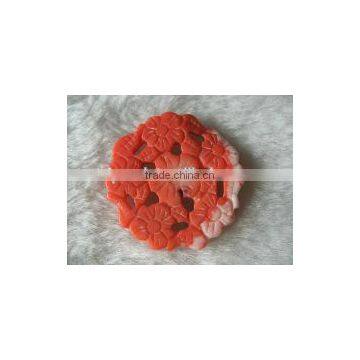 wholesale 30mm round orange & white flower carved natural coral pendant