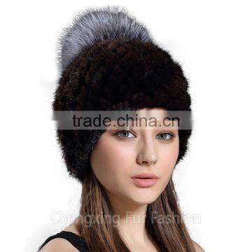 CX-C-206B Fox Fur Ball Mink Fur Knitted Winter Pompom Hat