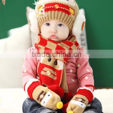 TC13003 Cheap Cute Fashion Baby Pom Pom Winter Beanie and Scarf and Knitted Animal Mitten Set Wholesale Baby 3pcs Set photo-6