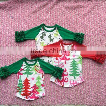 2016 hot sale baby Christmas tree print raglan baby boutique clothing baby ruffle raglan