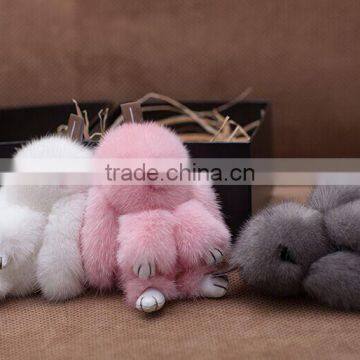 three colors christmas gifts mink fur ball keychain with rabbit shape keychain