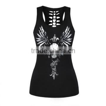 2017 Hot Selling Cheap Women Black Tank Top With Rose Skull Printed photo-4