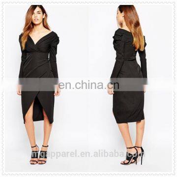 fashion women cheap sexy long sleeve V-neckline frill shoulder pencil skirt midi dress