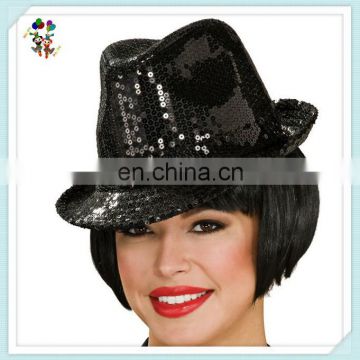 Ladies Burlesque Fancy Dress Party Black Sequin Fedora Hats HPC-0242