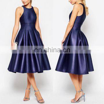 2016 OEM High Quality Fitted Waist A-line Royal Blue Sleeveless Bling Bling Midi Prom Dress