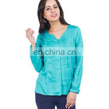 Green Top With Pin Tuck Detailing for ledies printed three quarter sleeve blouse in chiffon with lace collar See larger image