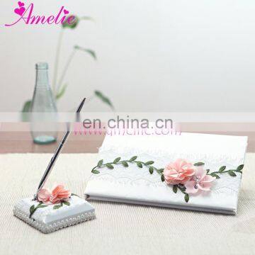 Pink Flower with Leaf Wedding Guest Book and Pen Holder Set Party Ceremony Accessories Signature Book Wedding Party Favors