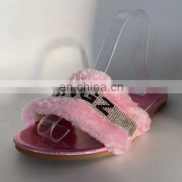 New 2021 Summer Winter Women Slippers Fashion Metal Bling Slides Fur Fringe Flat Slides Ladies Shoes photo-6