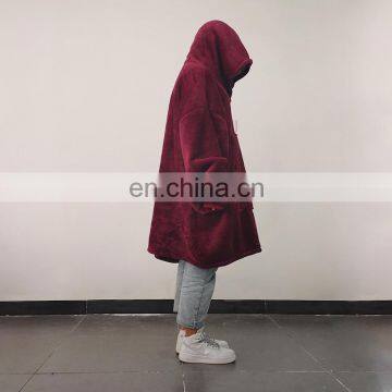 One Size Oversized Reversible Warm Soft Cozy Large Pocket Sherpa Hoodie Wearable Sweatshirt Blanket photo-3
