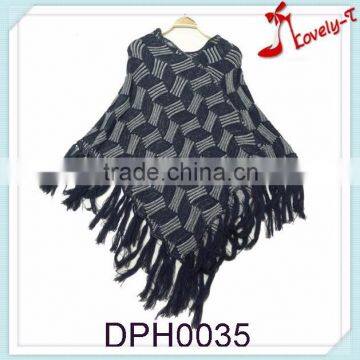 Cheap wholesale women new fashion leaf crochet knit acryclic poncho sweater with tassels