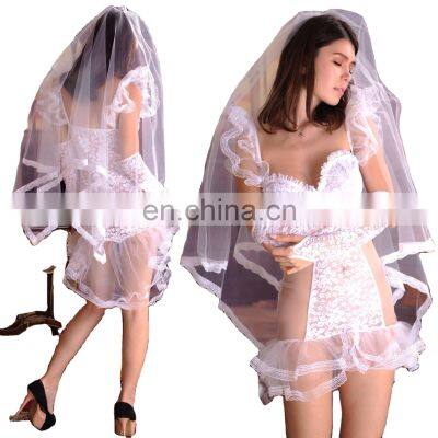 Erotic Adult Ladies Bride Nightwear White Wedding Dress Lace Transparent Sexy Lingerie Set