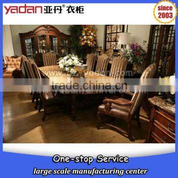 In Stock European Style Hand Carved Dining Room Sets Long Wood Table High Back Fabric+leather Chairs photo-2