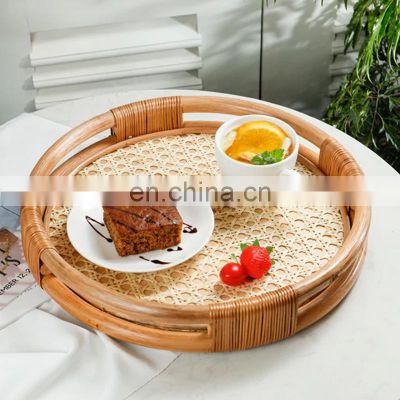 Hand weave Rattan tray round coffee table Serving Tray for Table Handwoven Basket for Breakfast Wholesale