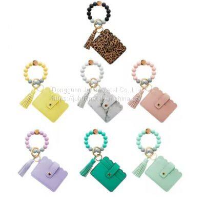 Pocket Card Holder Tassels Keyring Silicone Beads Wristlet Wallet Bracelet Chapstick Holder Keychain