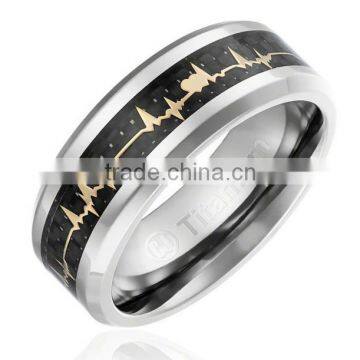 Titanium Wedding Band Engagement Ring, Yellow Gold-Plated Heart Beat over Black Carbon Fiber Inlay Band