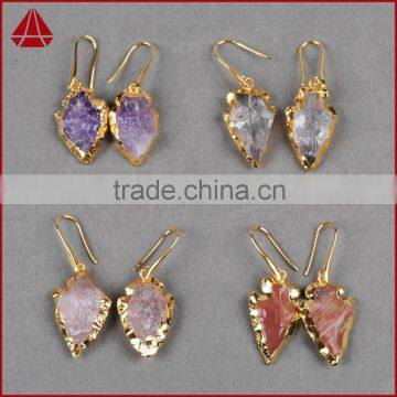 Wholesale natural amethyst rose quartz arrowhead earrings 24k gold dipped electroplated tiny stone earrings