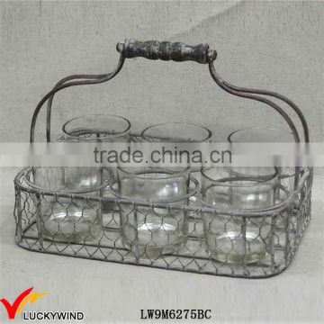 Rustic Votive Candle Holder 6 Round Jars in Wire Basket