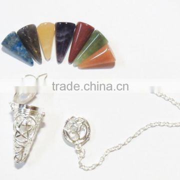 7 chakra Cone Pentagram cone pendulum set Gemstone Reiki Dowsing Healing stone Pendulums