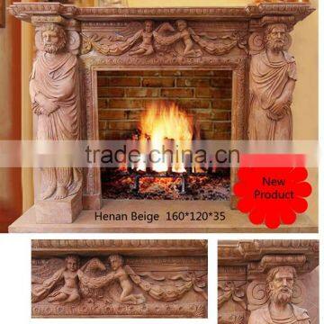 Yellow Antique Carved Statue Sculpture Stone Stove Hearth