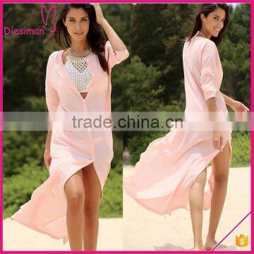 Solid Color Pockets Stand Neck Floor Length 3/4 Sleeve Summer Cover Up Beach Dress