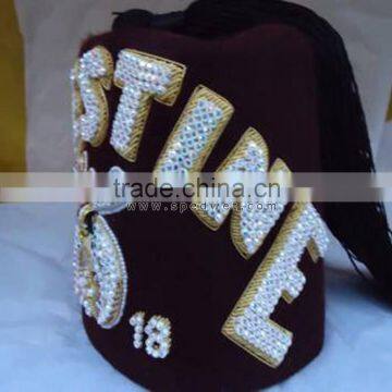 Bullion Fez | Rhinestones Embroidery Fez Hat | Hand Embroidery Bullion Wire Fez in Burgundy Color 3 Row photo-2