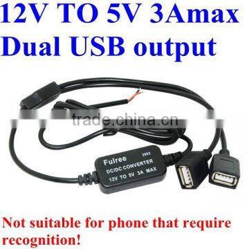 DC12V TO DC 5V 3Amax 0- 2A buck converter power adapter dual Female USB output