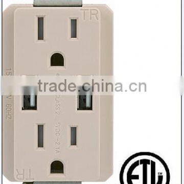 IN WALL dual USB Charger 2.1A 5VDC with duplex 15A Tamper Resistant OUTLETW/ WALLPLATE