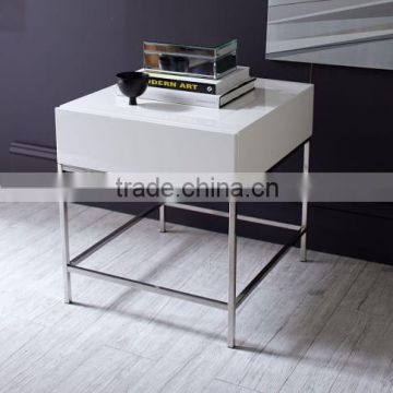 high-gloss lacquer finish and airy steel legs, deep drawer Lacquer Storage Side Table