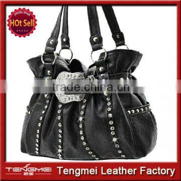 WESTERN RHINESTONE STUDDED BLACK OSTRICH LEATHER HANDBAG FACTORY