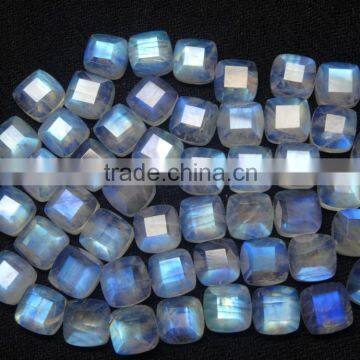 Cushion Cut Blue Flashy Rainbow Moonstone Faceted 10x10 mm With Nice Blue Flashy