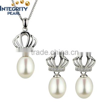 High Quality trendy design crown Pearl 925 Silver Freshwater Natural Pearl Jewelry Set