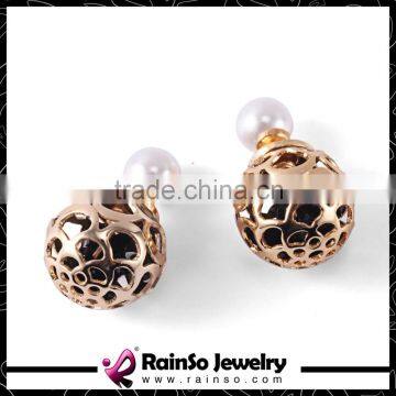 Two Gold Plated Crystal Ball Hollowed Flower Studs Earrings Double Side Earrings