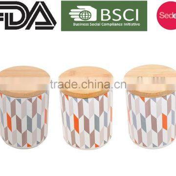 New customized pattern kitchen metal caddy tea sugar coffee canister jar with bamboo lid