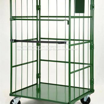 3 Sides Roll Cage Container Green Galvanized Coating For Warehouse