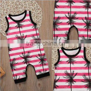 Summer baby sleeveless coconut tree print stripe crotchless bodysuit