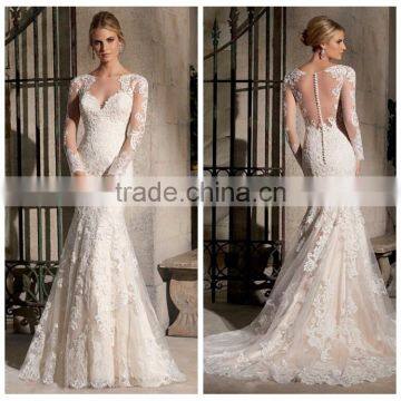 simple white long sleeve lace wedding dress in china factory