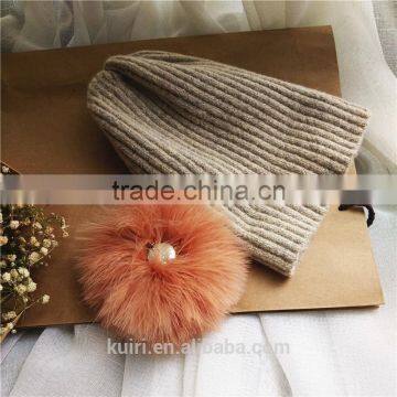 Real Fur Pompom Winter Hats For Women Cashmere Wool Knit Beanie Cap Turkey Fur Pom Bobble Hat 2016 photo-3